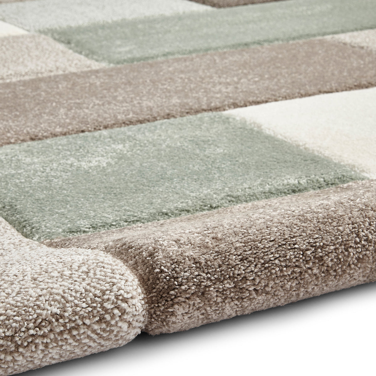 Brockton Green Beige Square Patterned Hand Carved Rug