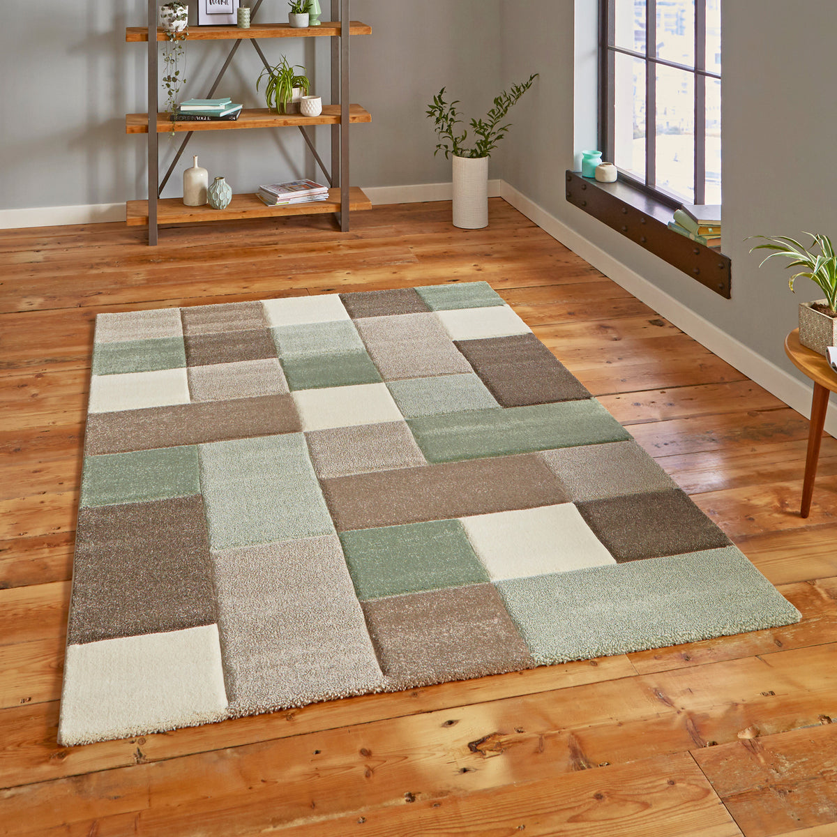Brockton Green Beige Square Patterned Hand Carved Rug for living room