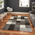 Brockton Grey Cream Square Patterned Hand Carved Rug for living room