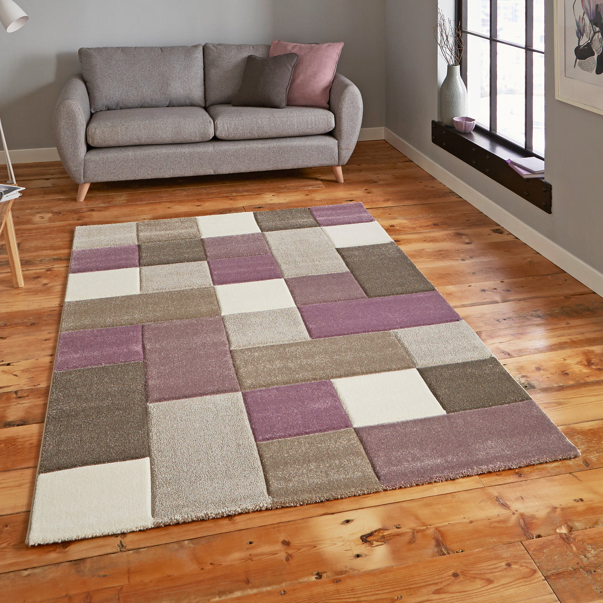 Brockton Purple Beige Square Patterned Hand Carved Rug for living room