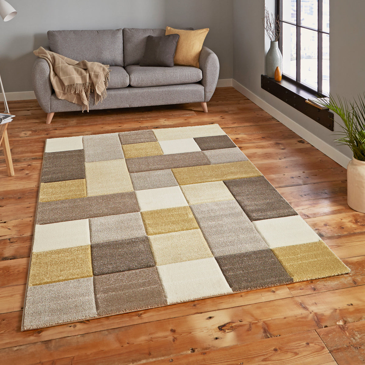 Brockton Yellow Beige Square Patterned Hand Carved Rug for living room