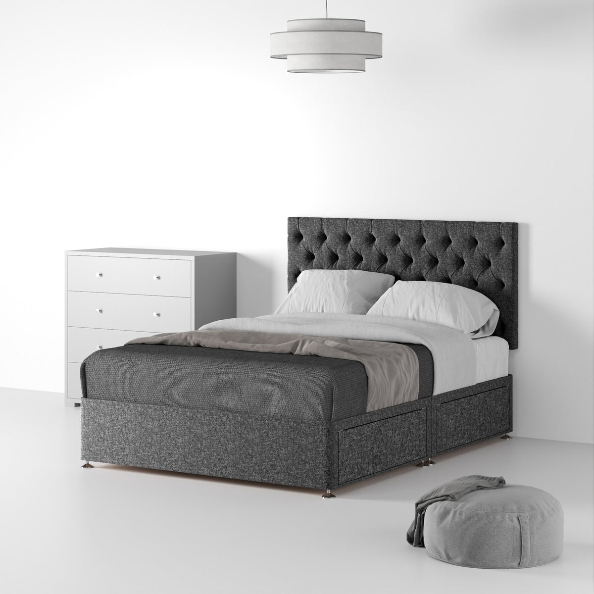 Farrow-Diamond-26HB-Divan-Linen-Look-SD-SK-4-Drawers-Linen-Charcoal from Roseland Furniture