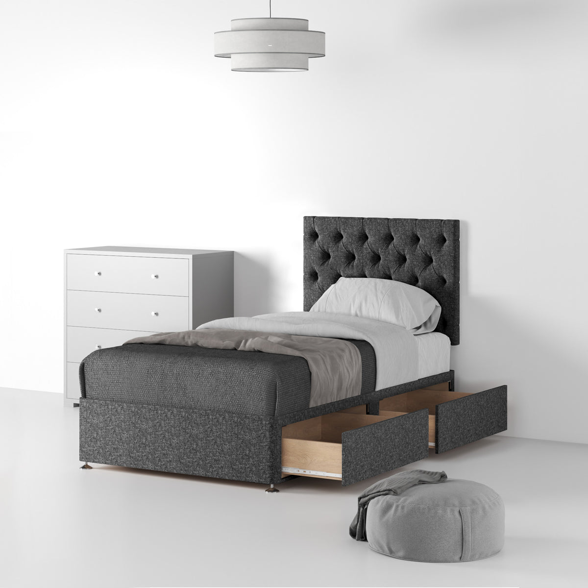 Farrow-Diamond-26HB-Divan-Linen-Look-SS-S-2-Drawers-Linen-Charcoal from Roseland Furniture