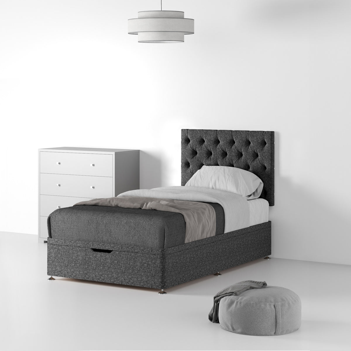 Farrow Diamond Charcoal Linen Single Ottoman Divan Bed and Headboard from Roseland Furniture