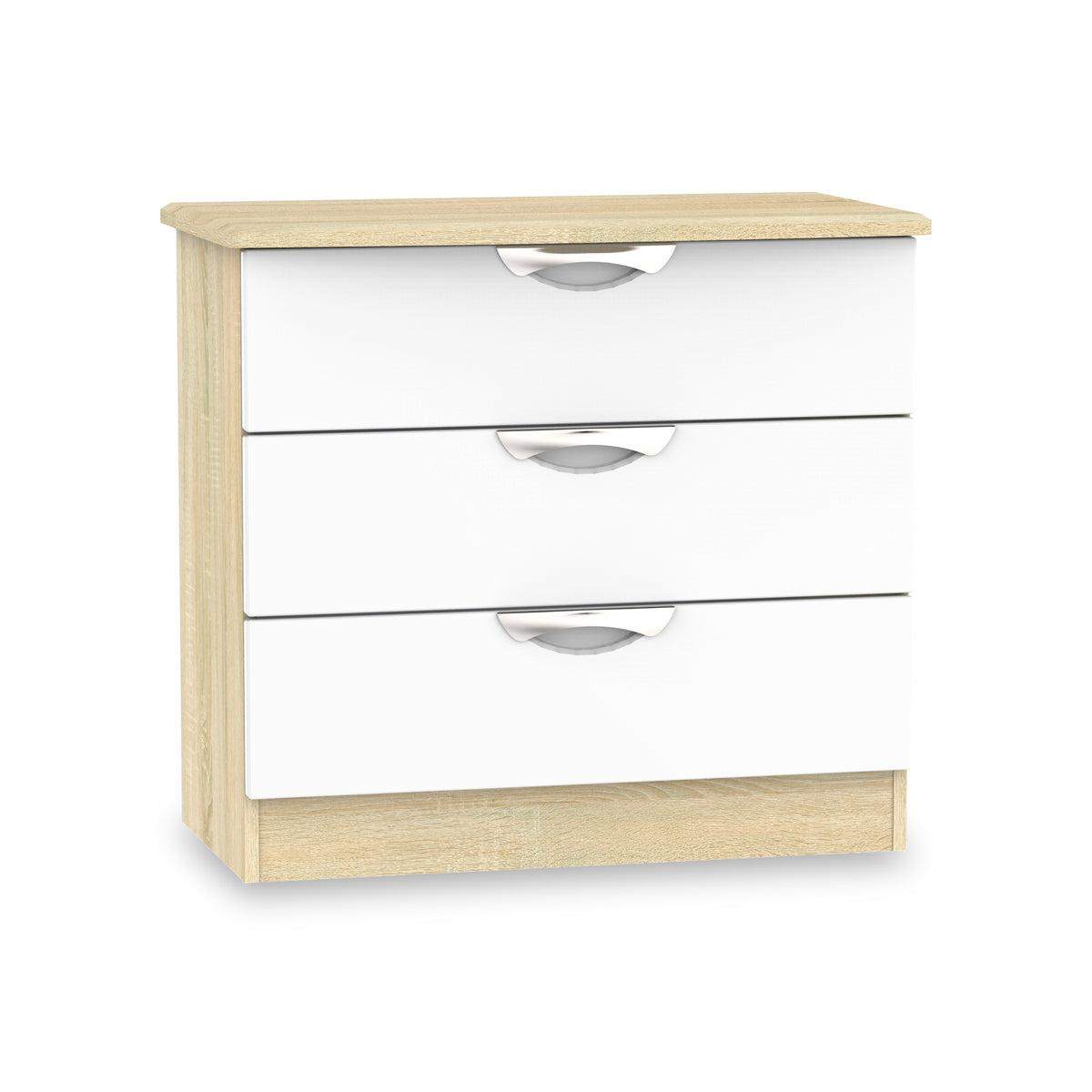 Beckett White and Wood Gloss 3 Drawer Chest from Roseland