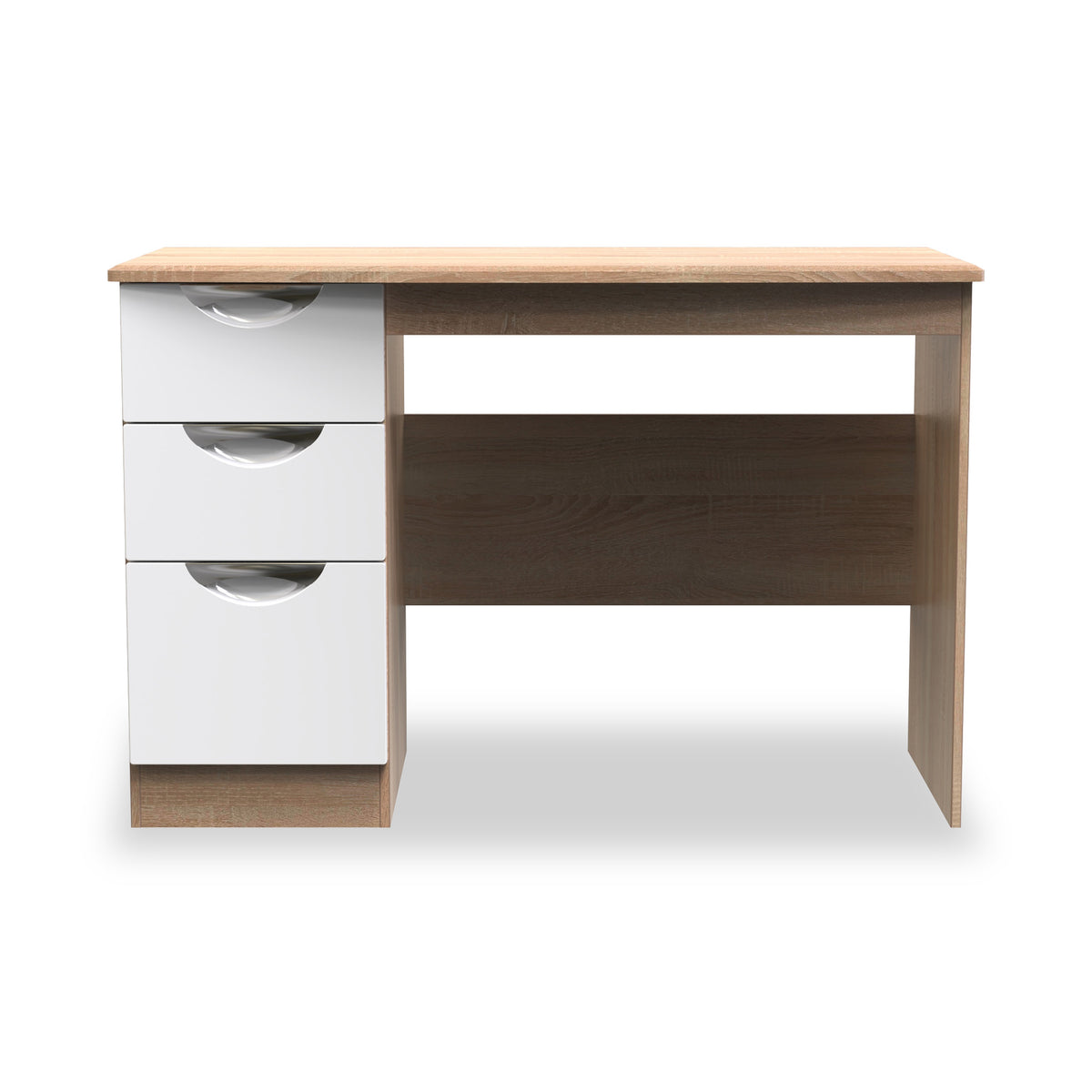 Beckett White Gloss and Bardolino Oak 3 Drawer Storage Desk by Roseland Furniture