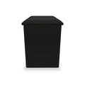 A black rectangular trash bin with a lid, standing stationary against a white background.
