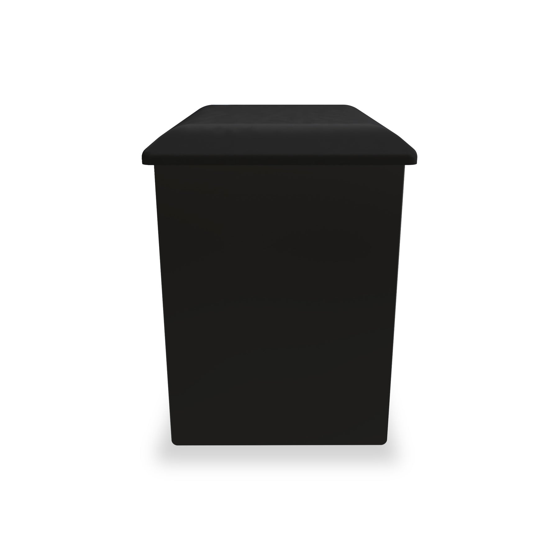 A black rectangular trash bin with a lid, standing stationary against a white background.