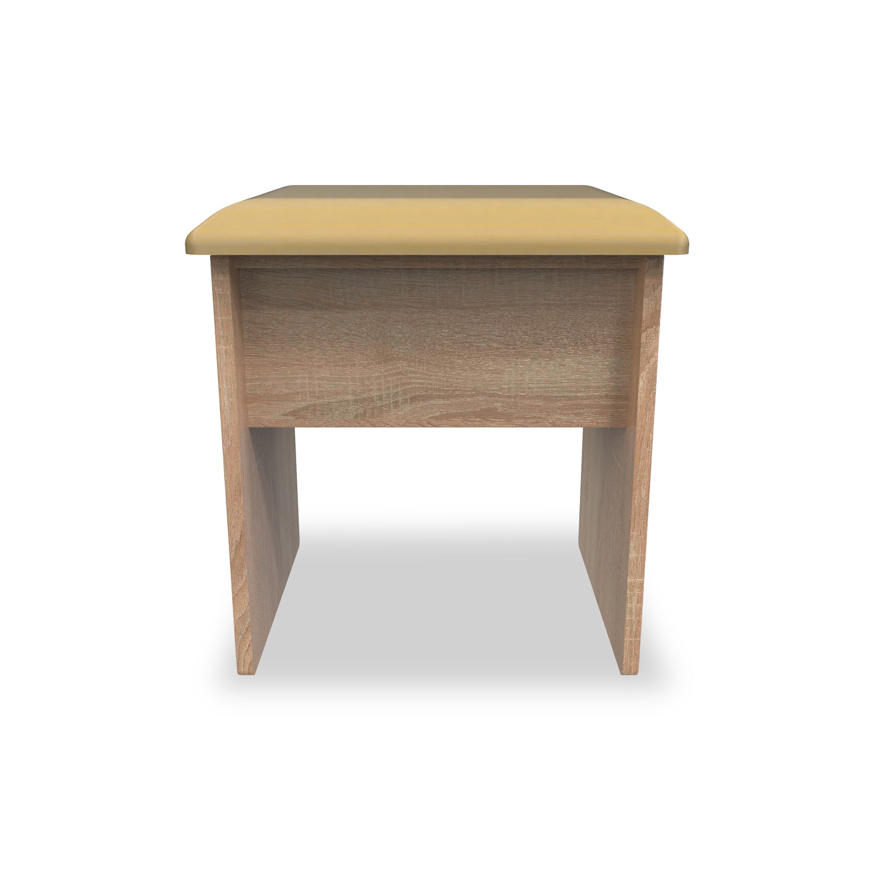 A small wooden desk with a tan cushioned top stands isolated against a white background.