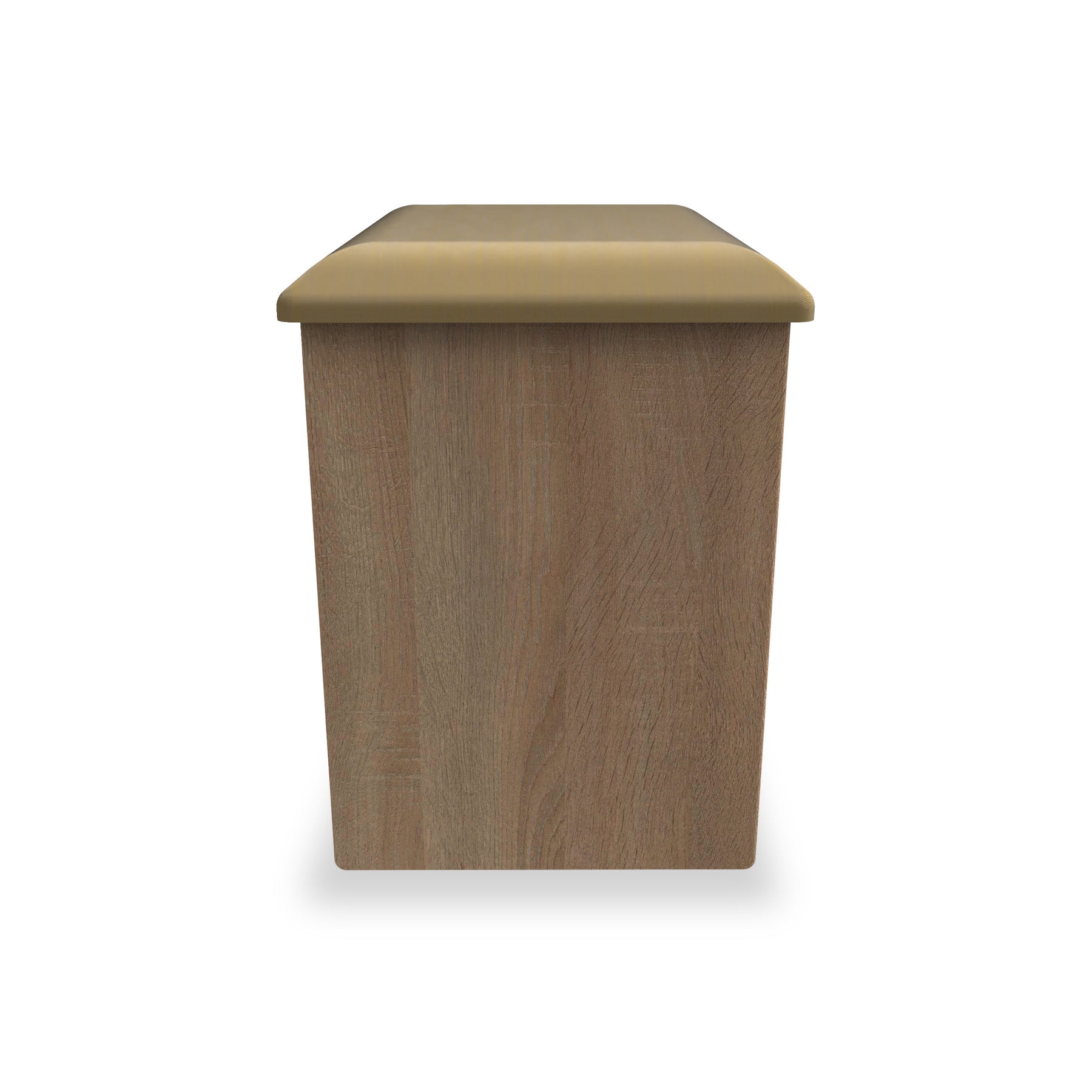 A wooden-textured trash bin with a beige lid stands isolated against a white background.