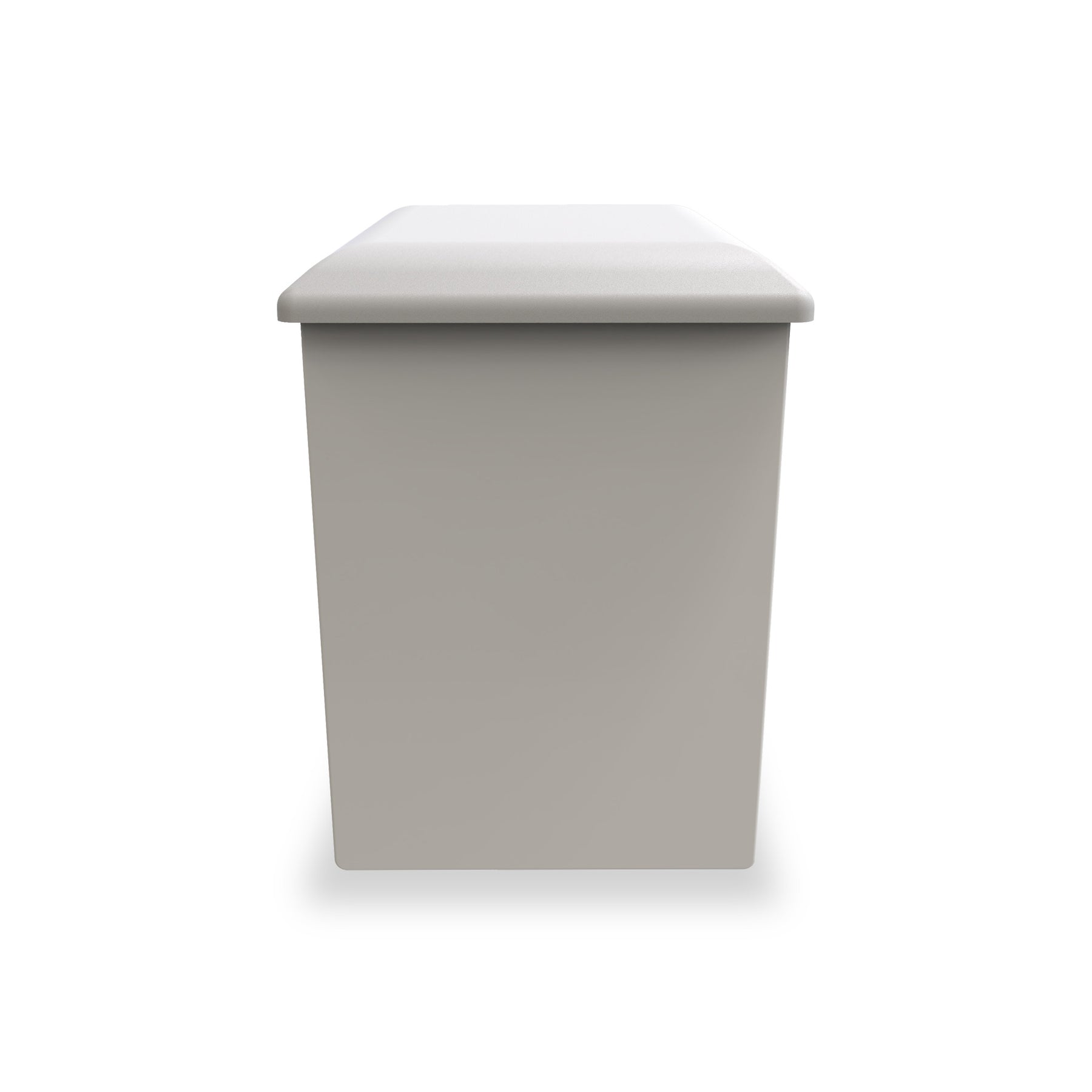 A grey trash bin with a closed lid, set against a solid white background.