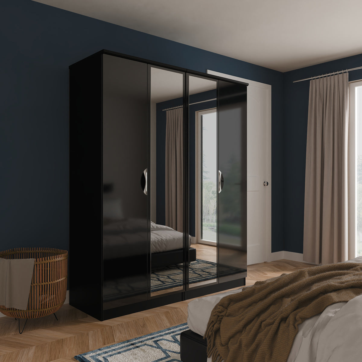 Beckett 4 Door Mirrored Wardrobe Black from Roseland Furniture