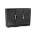 A black, modern sideboard with two closed doors, each with a circular, silver handle, stands isolated on a white background.