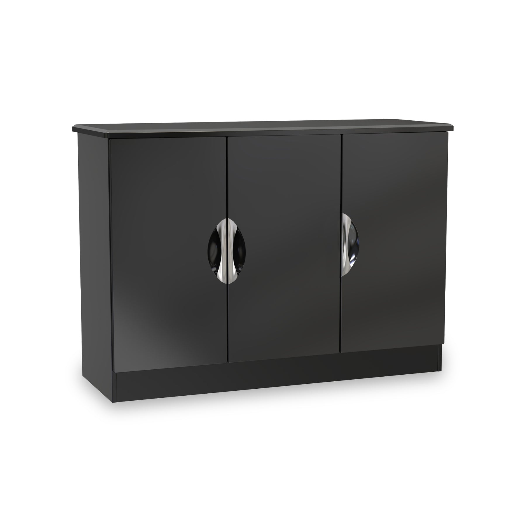 A black, modern sideboard with two closed doors, each with a circular, silver handle, stands isolated on a white background.