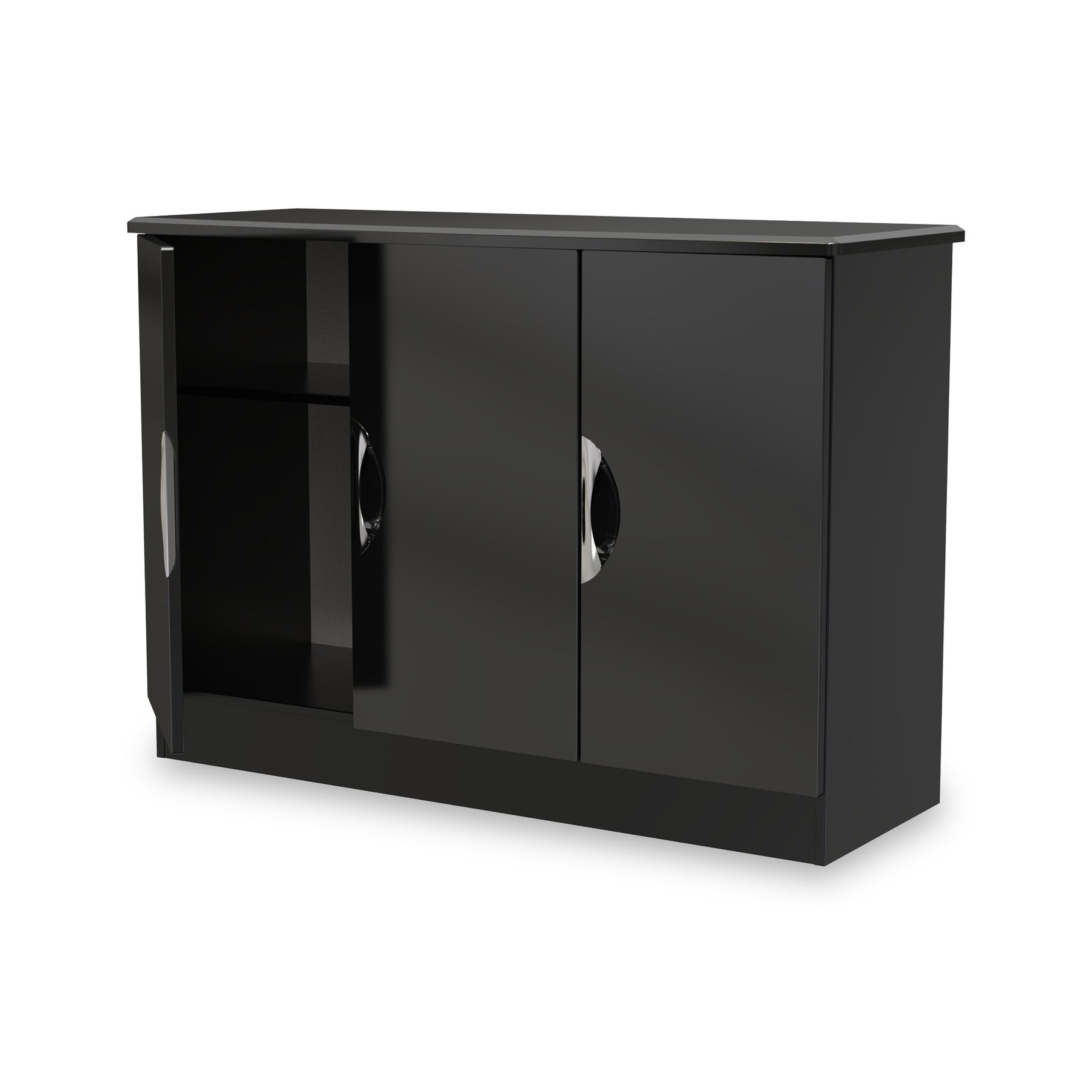 A black modern TV stand with glossy finish and two closed compartments, isolated against a white background.