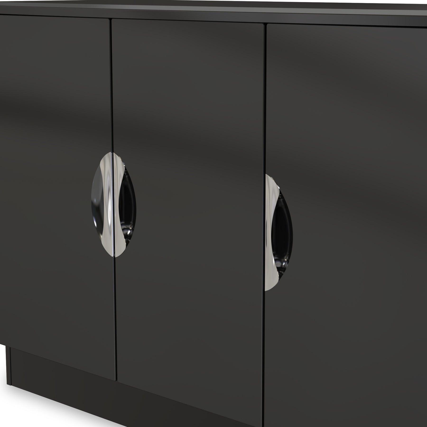 A sleek black cabinet with two shiny, oval handles against a light, blurred background.