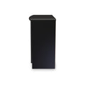 A black podium stands vertically, centered against a white background; its design is simple with a flat top and no visible features or text.