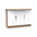 A wooden TV stand with two white cabinet doors and circular handles, isolated against a white background.