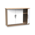 A wooden two-door cabinet with a white finish and metallic handles, set against an isolated white background.