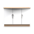 A wooden-top white cabinet with dual sliding doors and curved handles, centered against a plain background.