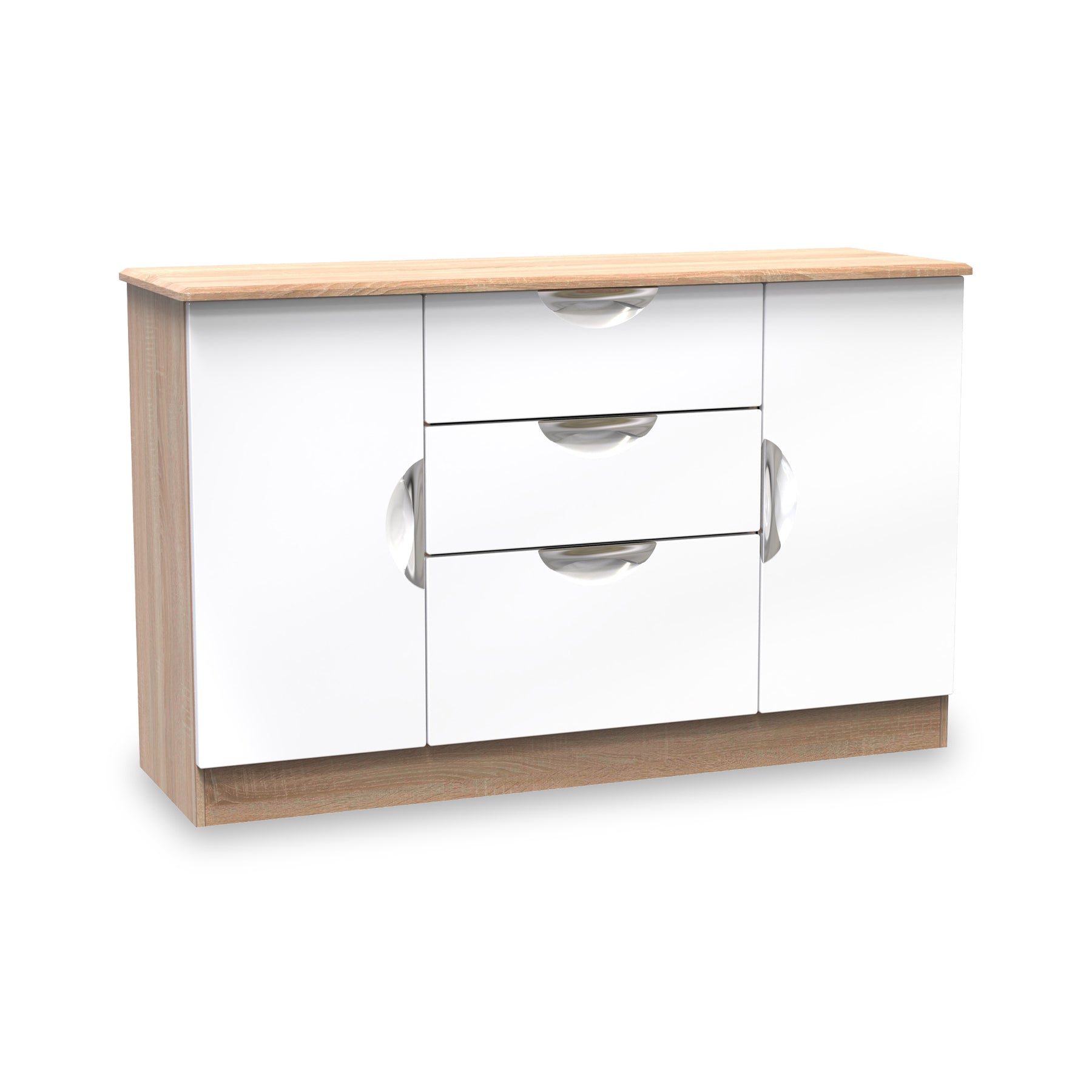 Beckett White Gloss & Light Wood 2 Door 3 Drawer Sideboard by Roseland Furniture