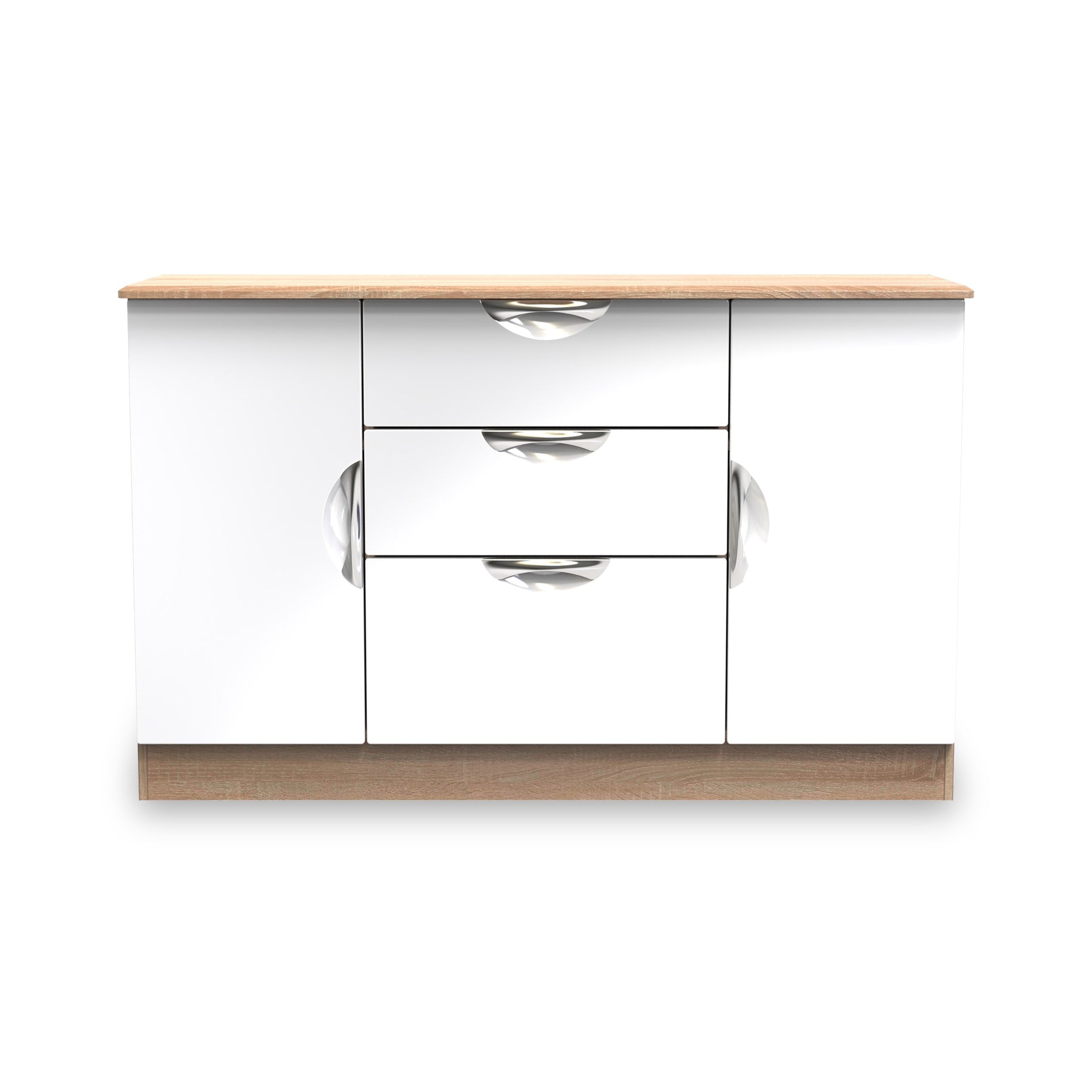 Beckett White Gloss & Light Wood 2 Door 3 Drawer Storage Sideboard by Roseland Furniture
