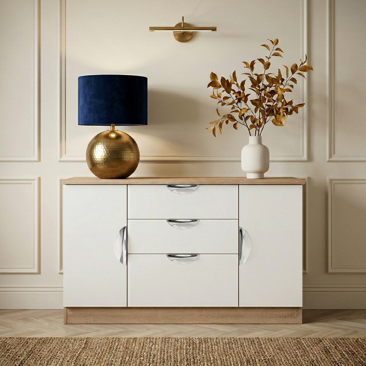 Beckett White Gloss & Light Wood 2 Door 3 Drawer Sideboard by Roseland Furniture