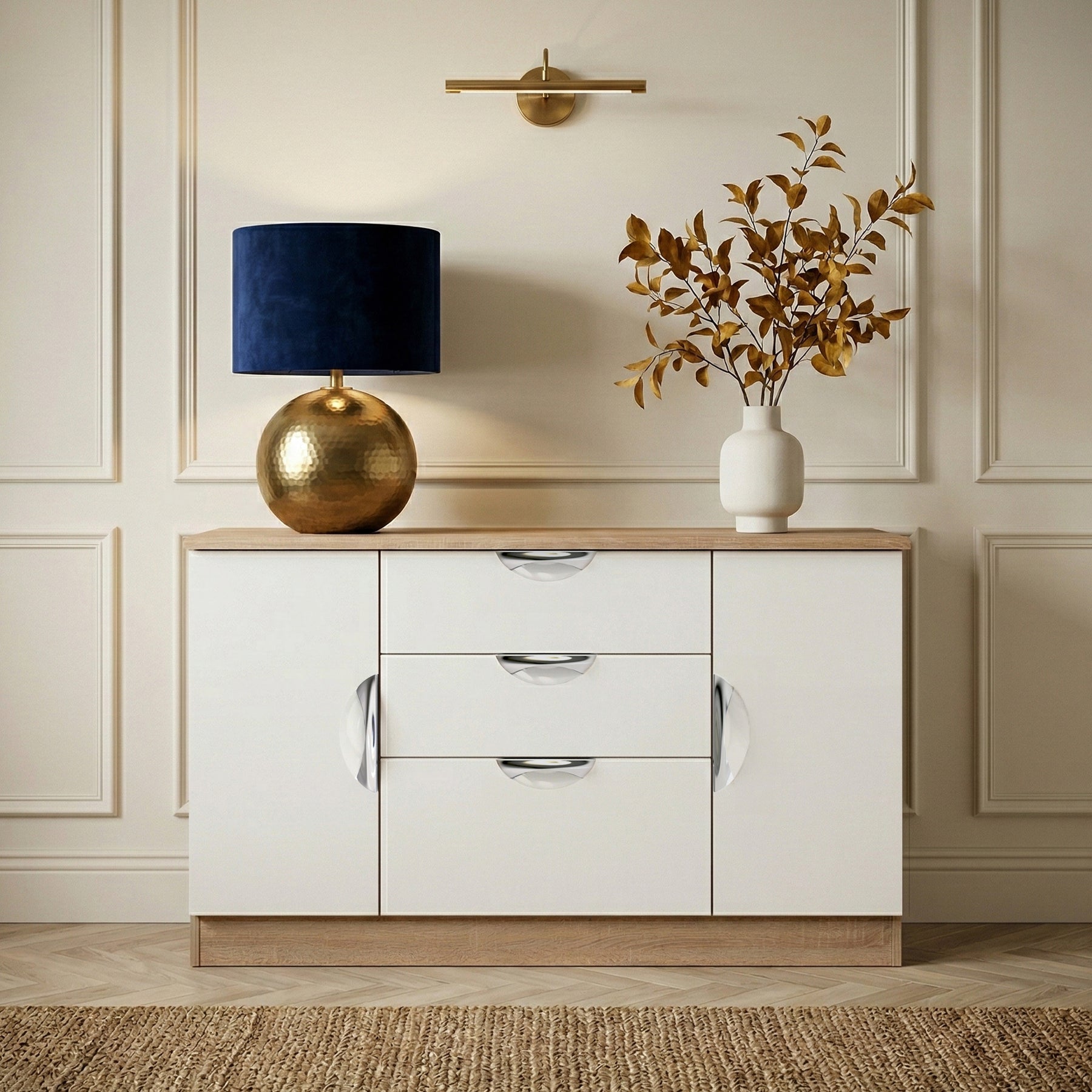 Beckett White Gloss & Light Wood 2 Door 3 Drawer Sideboard by Roseland Furniture