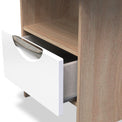 Beckett White Gloss & Light Wood 1 Drawer with Open Shelf Lamp Table by Roseland Furniture