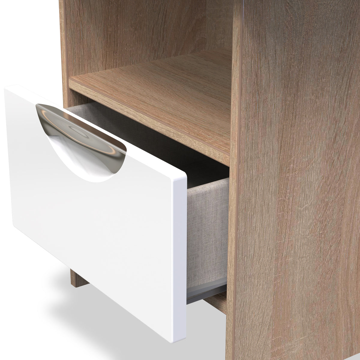 Beckett White Gloss & Light Wood 1 Drawer with Open Shelf Lamp Table by Roseland Furniture