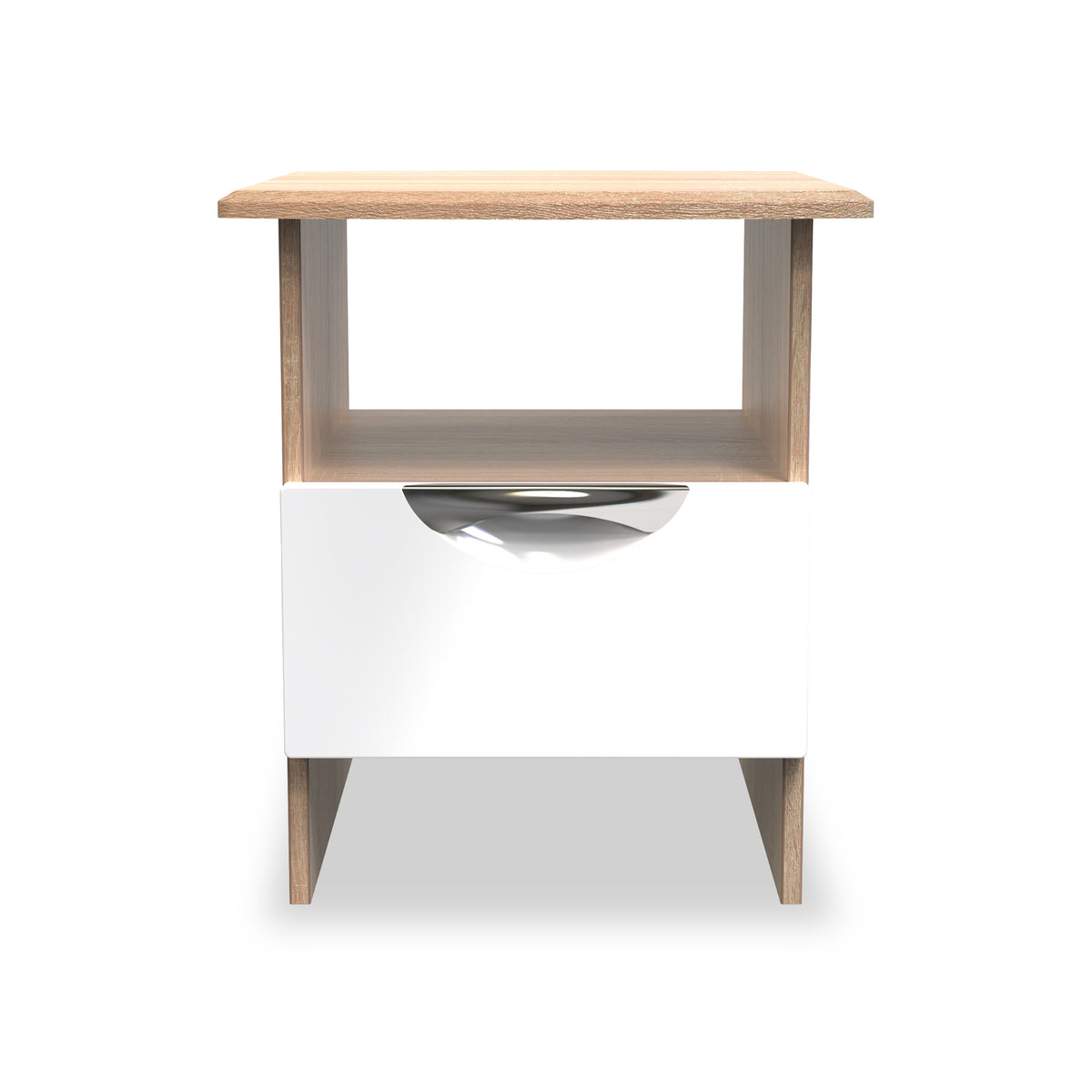 Beckett White Gloss & Light Wood 1 Drawer with Open Shelf Lamp Table by Roseland Furniture