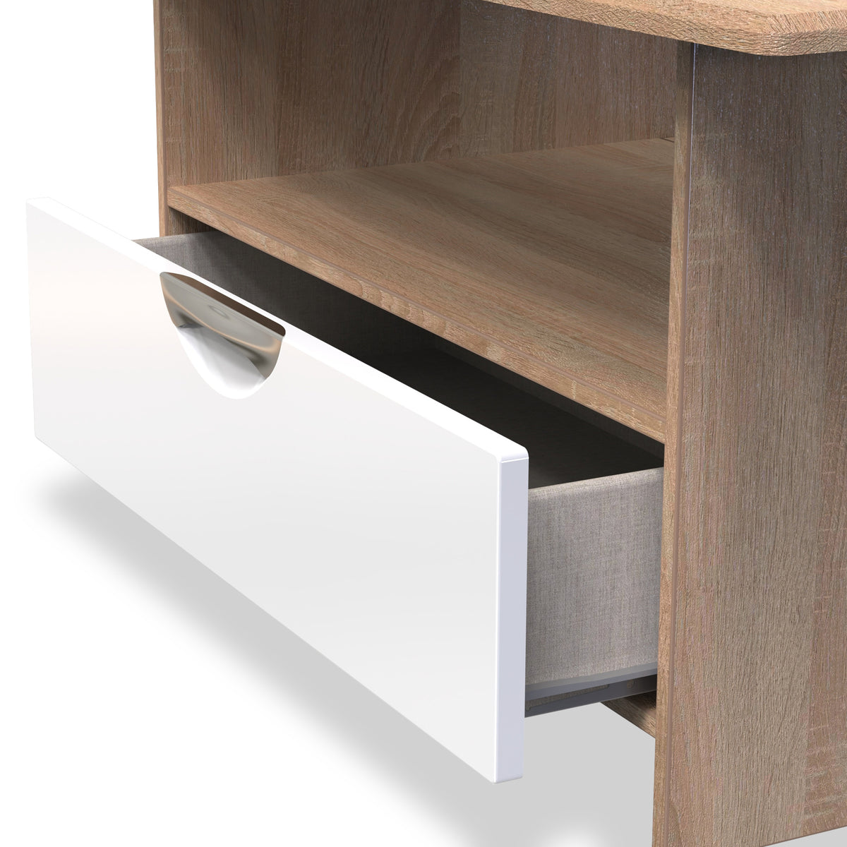 Beckett White Gloss & Light Wood 1 Drawer with Open Shelf Coffee Table by Roseland Furniture