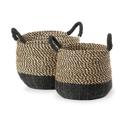 Seagrass Natural and Black Round Handled Baskets Set of 2