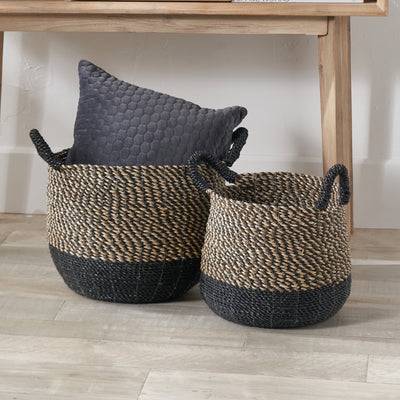 Seagrass Natural and Black Round Handled Baskets Set of 2
