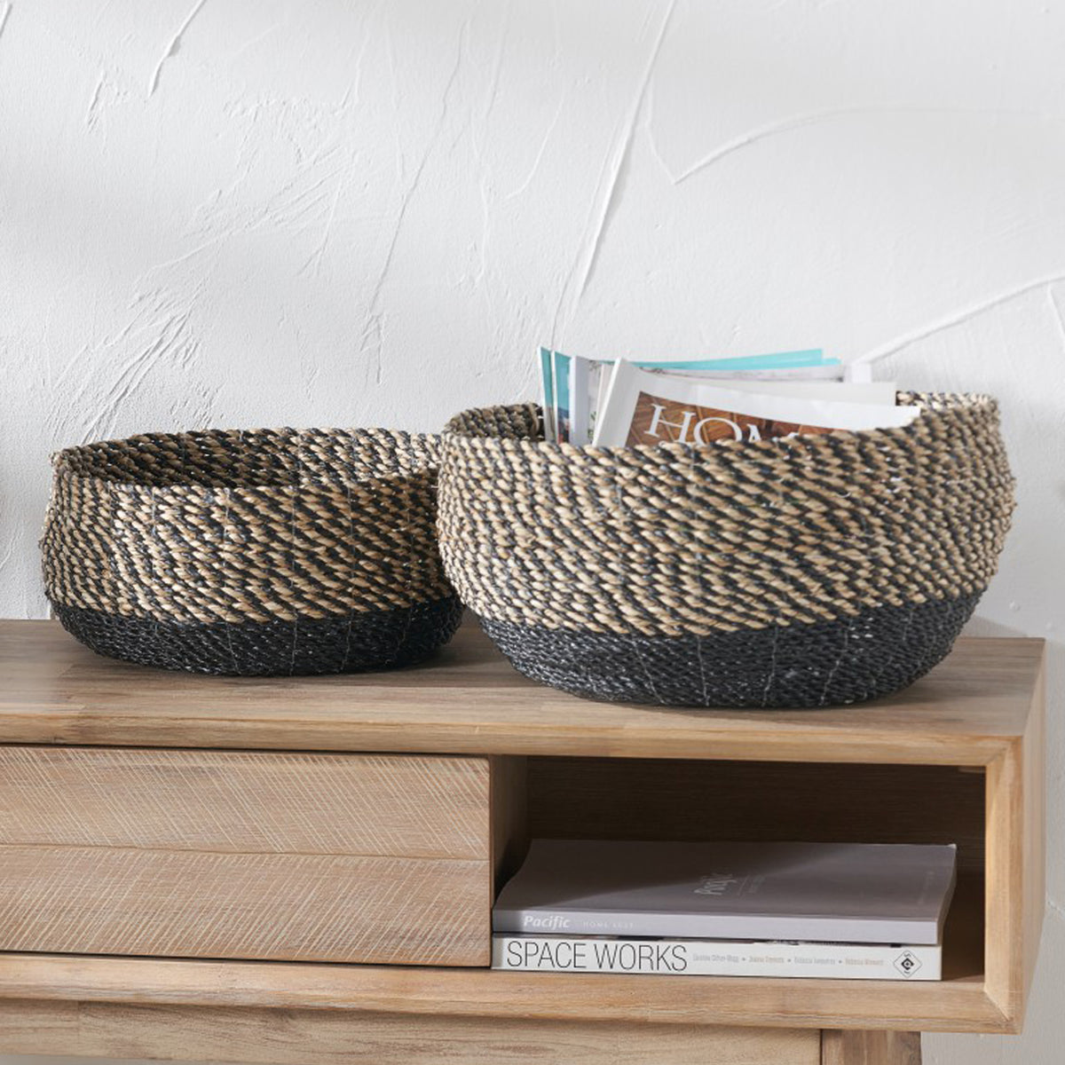 Seagrass Natural and Black Round Baskets from Roseland Furniture