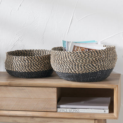 Seagrass Natural and Black Round Baskets Set of 2