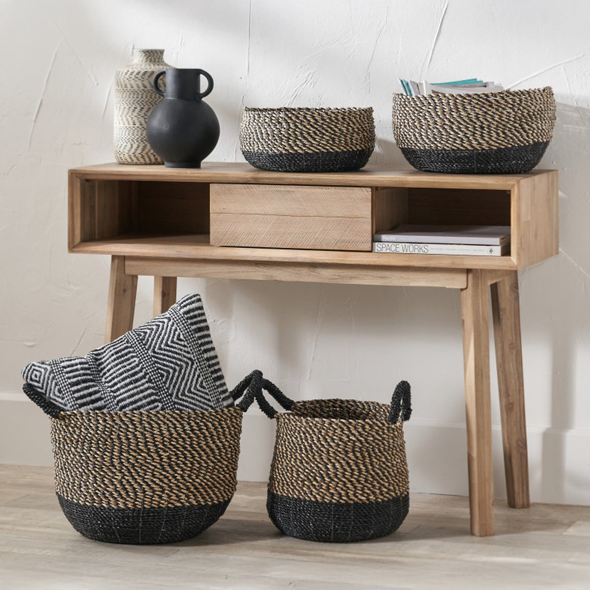 Seagrass Natural and Black Round Baskets from Roseland Furniture