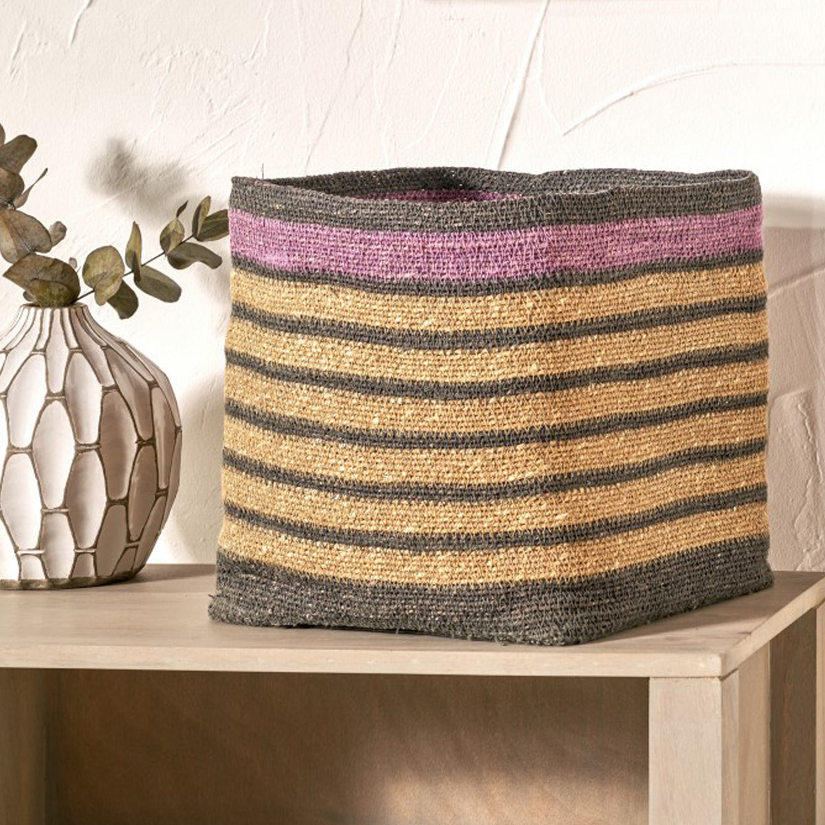 Seagrass Stripe Square Basket Lilac from Roseland Furniture