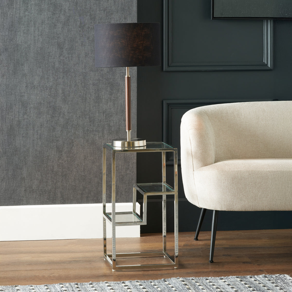 Aleandra Clear Glass and Silver Metal Side Table from Roseland Furniture