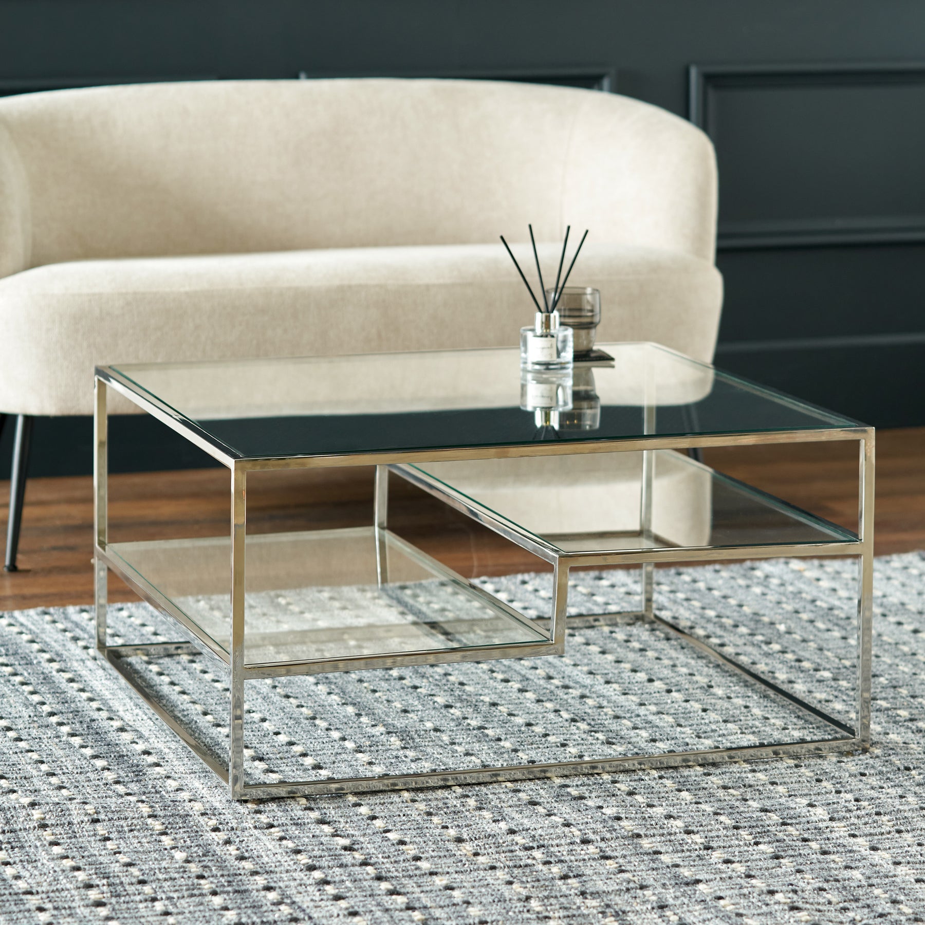 Aleandra Clear Glass and Silver Metal Coffee Table from Roseland Furniture