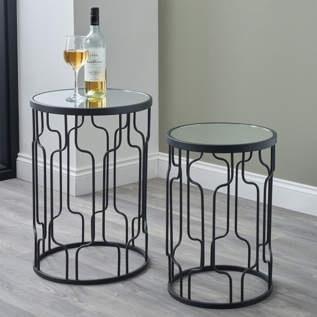 Caprisse S2 Mirror and Graphite Metal Side Tables from Roseland Furniture