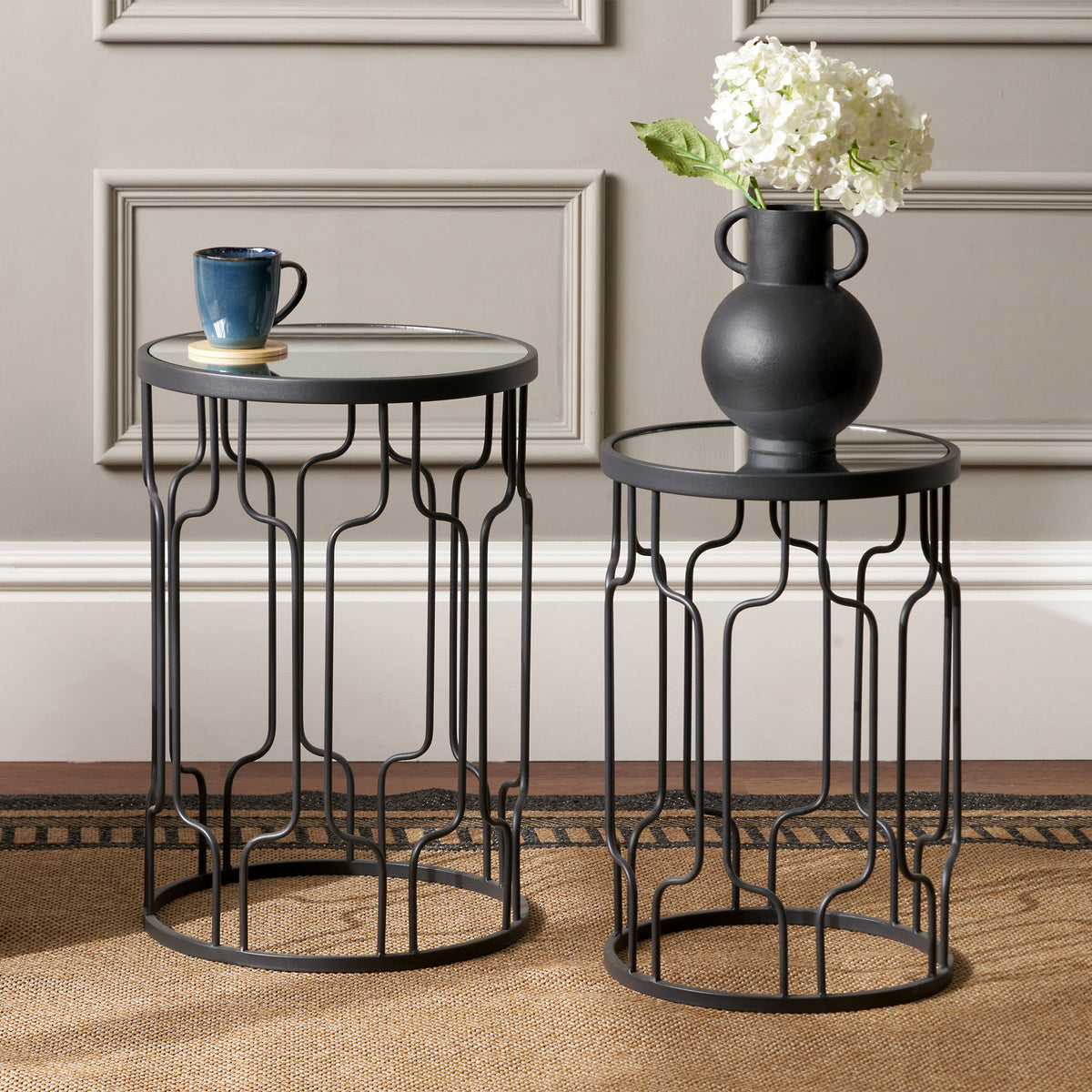 Caprisse S2 Mirror and Graphite Metal Side Tables from Roseland Furniture