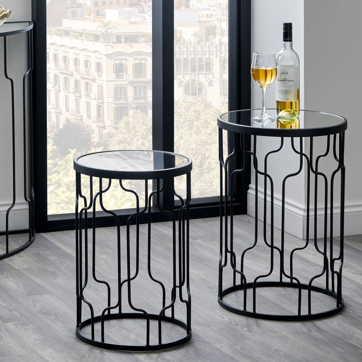 Caprisse S2 Mirror and Graphite Metal Side Tables from Roseland Furniture