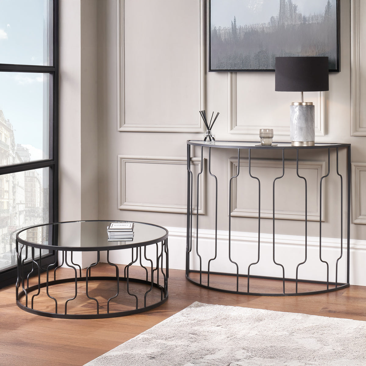 Caprisse Mirrored and Graphite Console Table from Roseland Furniture