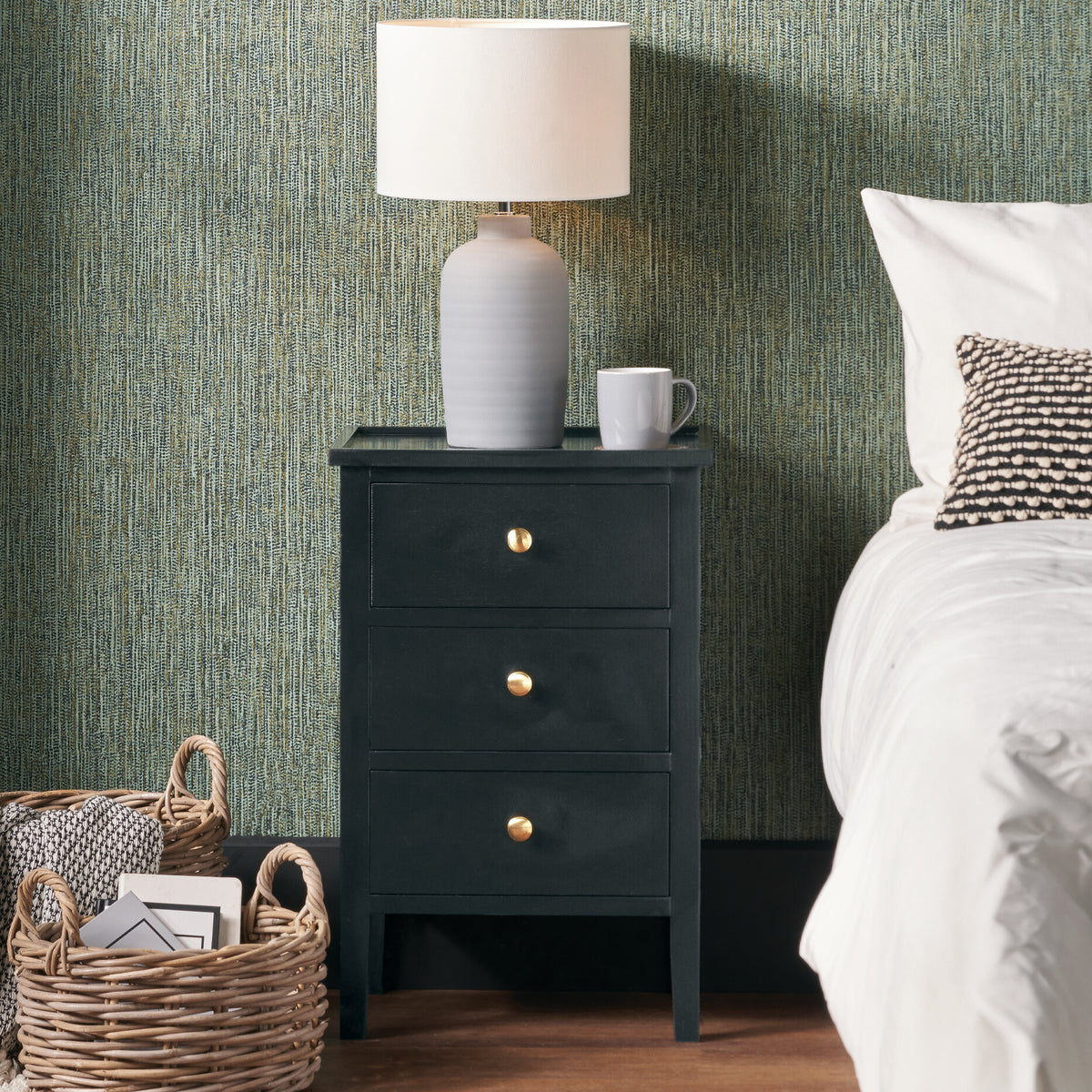 Chelmsford Satin Black Pine Wood 3 Drawer Unit from Roseland Furniture