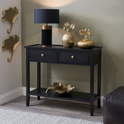 Chelmsford Satin Black Pine 2 Drawer Console Table