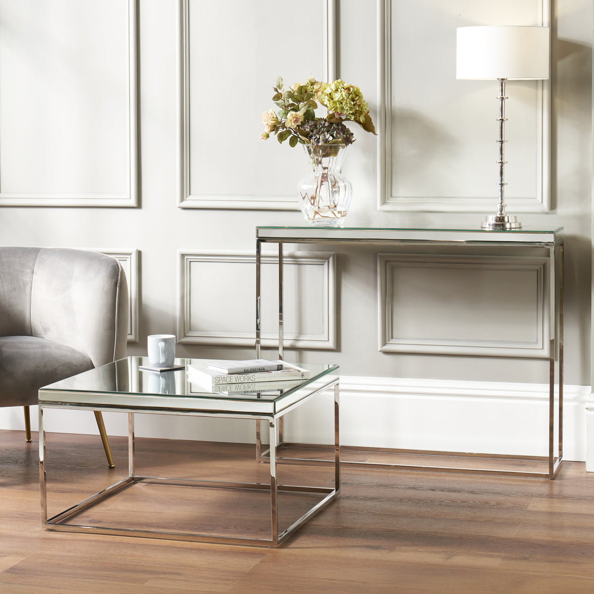 Elysee Mirrored Glass and Silver Metal Console Table from Roseland Furniture