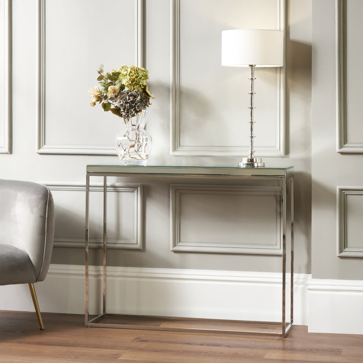 Elysee Mirrored Glass and Silver Metal Console Table from Roseland Furniture