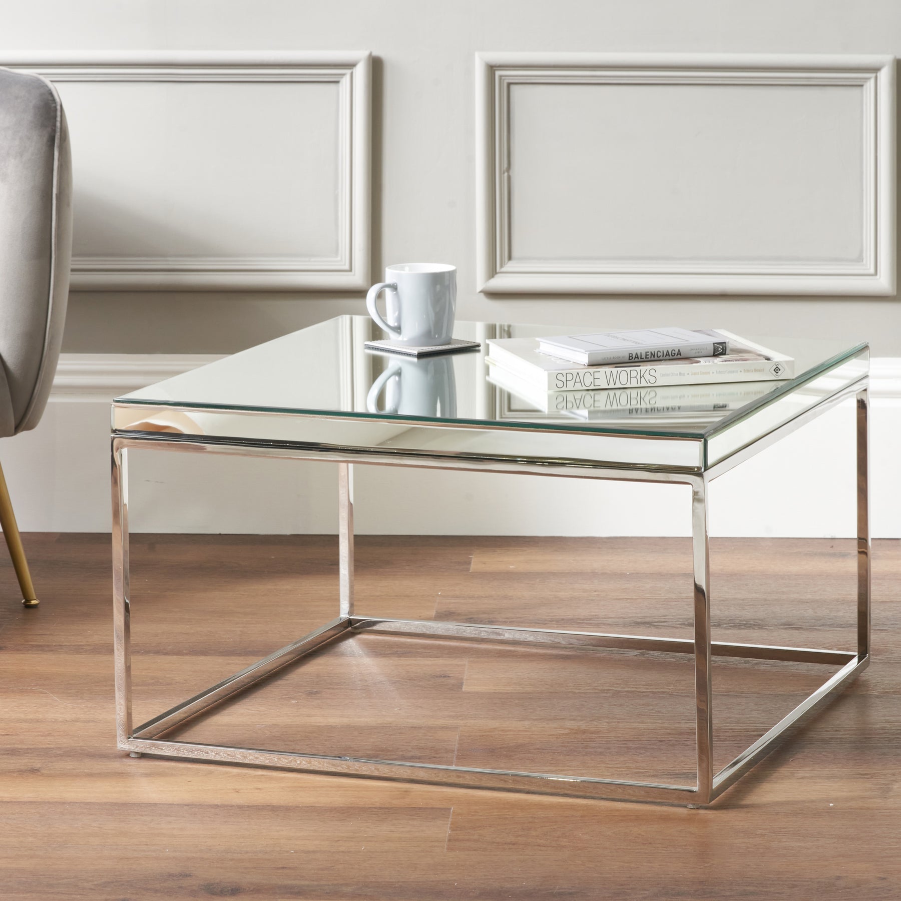 Elysee Mirrored Glass and Silver Square Coffee Table from Roseland Furniture