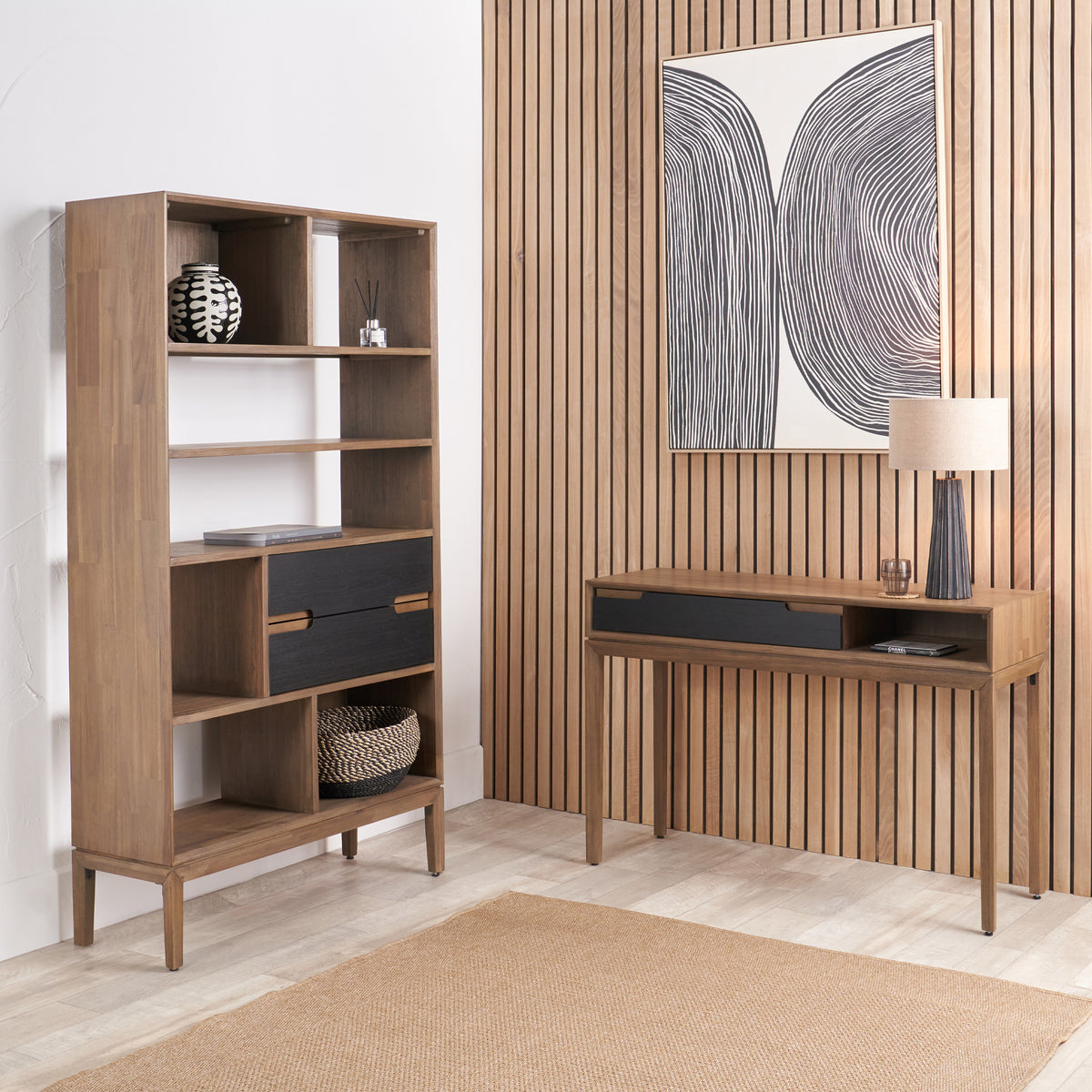 Gio Acacia Wood 2 Drawer 7 Niche Shelf Unit from Roseland Furniture